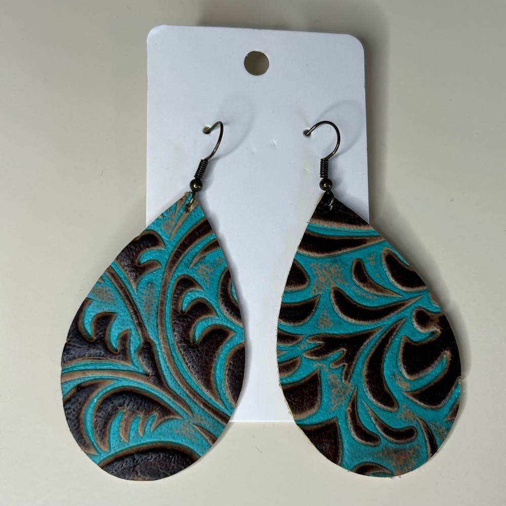 Teardrop Leather Earrings with BOHO Turquoise and Brown Design & bronze hardware